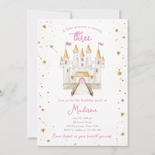 Princess Castle Magical Girl 3rd Third Birthday Einladung (Vorderseite)