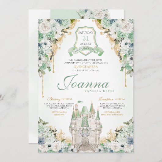 Princess Castle Royal Mint Green Quinceanera Einladung (Vorne/Hinten)