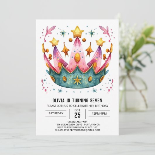 Princess Chic Birthday Crown Einladung (Stehend Vorderseite)