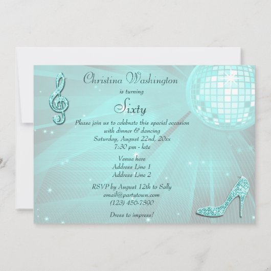 Princess Coach & Horses & Disco Ball 60. Geburtsta Einladung (Rückseite)