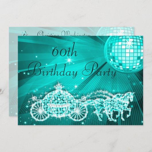 Princess Coach & Horses & Disco Ball 60. Geburtsta Einladung (Vorne/Hinten)