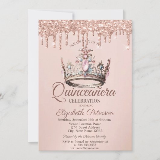 Princess Crown Castle Rose Goldene Tropfen Quincea Einladung (Vorderseite)
