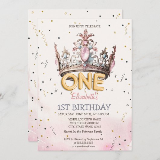 Princess Crown Fairytale 1st Birthday Einladung (Vorne/Hinten)
