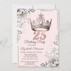 Princess Crown Floral 25. Geburtstagsfeier Einladung