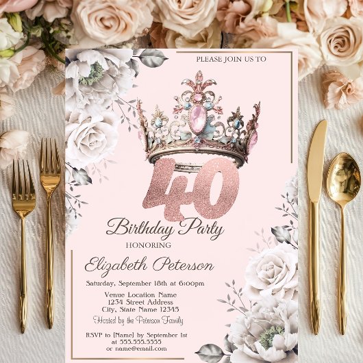 Princess Crown Floral 40. Geburtstag Party Einladung