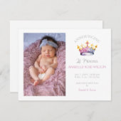 Princess Crown Girl Pink Foto Geburtsankündigung Ankündigung (Vorne/Hinten)