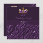 Princess Crown Heart & Zebra Glitzer 40. Geburtsta Einladung (Vorne/Hinten)