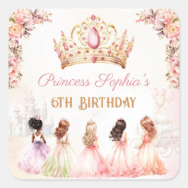 Princess Crown Pink Gold Floral Girl Geburtstag Quadratischer Aufkleber