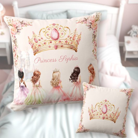 Princess Crown Pink Gold Floral Girl Name Kissen