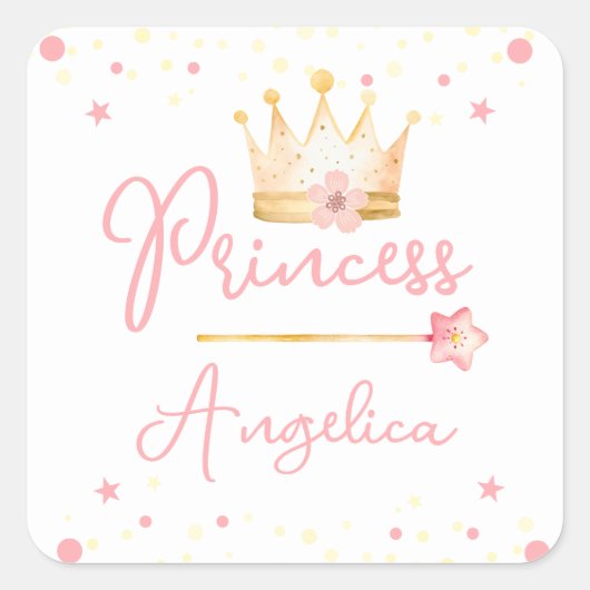 Princess Crown Pink Little Girl Birthday Quadratischer Aufkleber (Vorderseite)