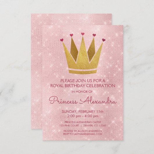Princess Crown Pink - Rose Gold Geburtstag Einladung (Vorne/Hinten)