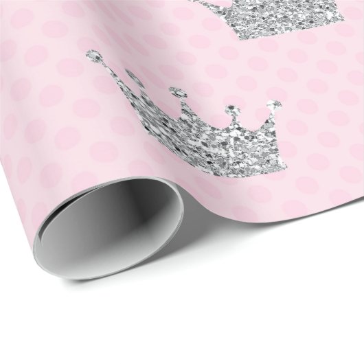Princess Crown Pink Silver Dots Shiny Vip Geschenkpapier (Rolleneckpunkt)
