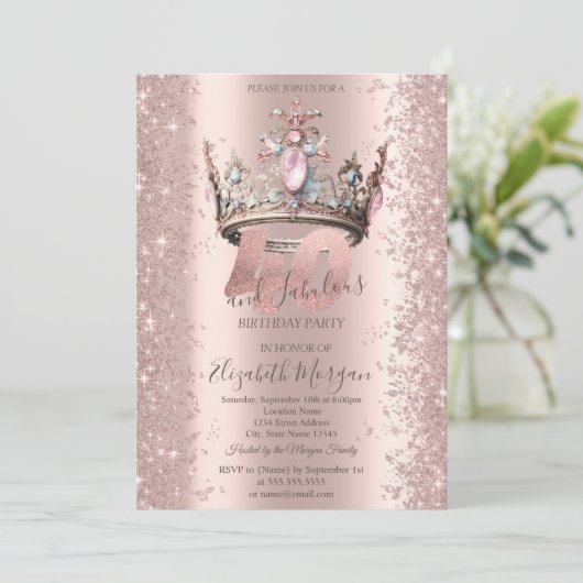 Princess Crown Rose Gold Sparkle Diamonds 40. Einladung (Stehend Vorderseite)