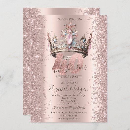 Princess Crown Rose Gold Sparkle Diamonds 40. Einladung (Vorne/Hinten)