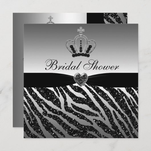Princess Crown & Zebra Glitzer Brautparty Einladung (Vorne/Hinten)
