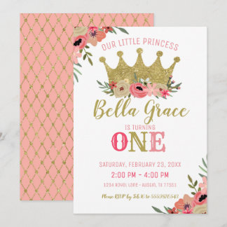Princess Crown zum Geburtstag Einladung Pink Gold