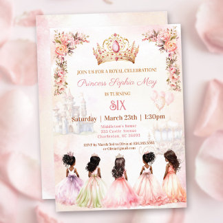 Princess Dark Skin Crown Pink Floral Geburtstag Einladung