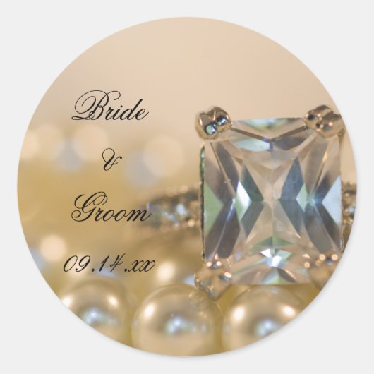 Princess Diamond Ring und White Pearls Wedding Runder Aufkleber (Vorderseite)