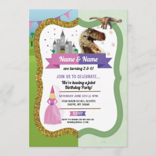 Princess & Dinosaur Boy Girl Birthday Dino Burg Einladung