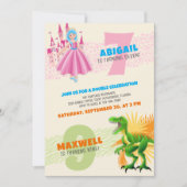Princess Dinosaur Joint Double Birthday Einladung (Vorderseite)