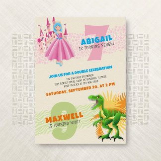 Princess Dinosaur Joint Double Birthday Einladung