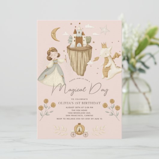 Princess & Dragon Boho Fairytale Pink 1. Geburtsta Einladung (Stehend Vorderseite)
