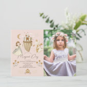 Princess Dragon Boho Fairytale Pink Birthday Foto Einladung (Stehend Vorderseite)