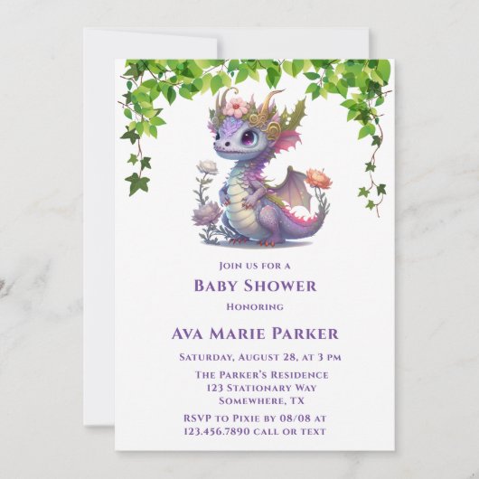 Princess Dragon Florals Girl Babydusche Einladung (Vorderseite)