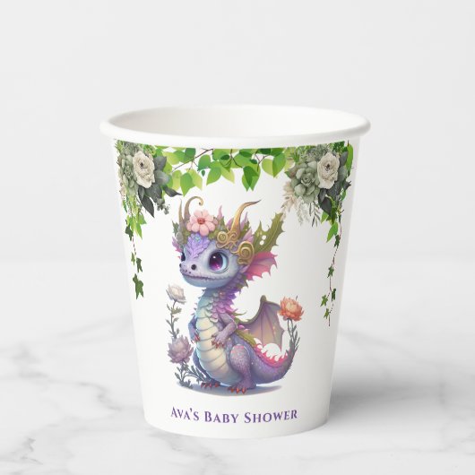 Princess Dragon mit Florals Girl Baby Dusche Pappbecher (Vorderseite)