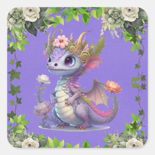 Princess Dragon mit Florals Girl Baby Dusche Quadratischer Aufkleber