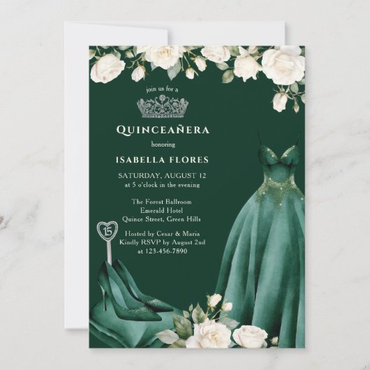 Princess Dress and Rose Green Quinceanera Einladung (Vorderseite)