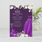Princess Dress and Rose Lila Quinceanera Einladung (Stehend Vorderseite)