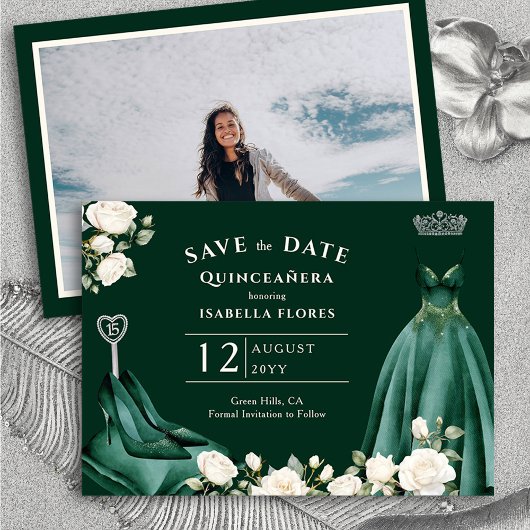 Princess Dress and White Roses Emerald Green Foto Save The Date