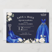 Princess Dress and White Roses Royal Blue Foto Save The Date (Vorderseite)