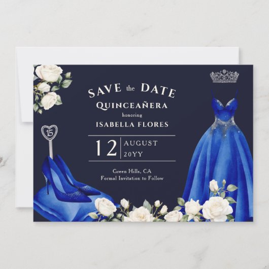 Princess Dress and White Roses Royal Blue Foto Save The Date (Vorderseite)