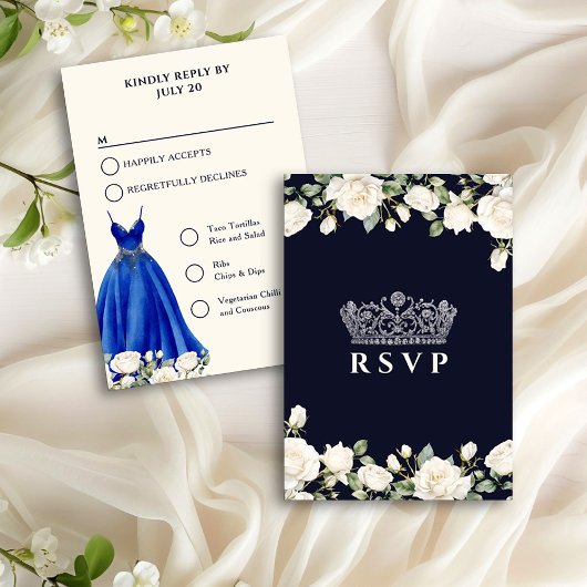 Princess Dress Blue Quinceanera Menüoptionen RSVP Karte