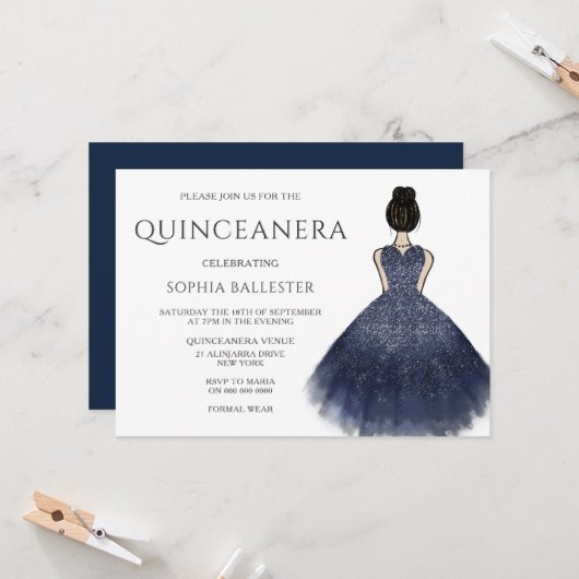 Princess Dress Nany Indigo Wonderland Quinceanera Einladung (Vorderseite/Rückseite Beispiel)