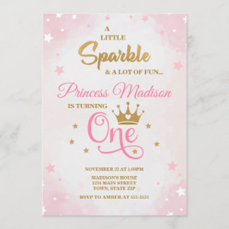 Princess Einladung zum 1. Geburtstag, Rosa & Gold