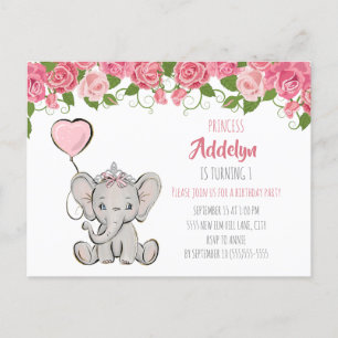 Princess-Elefanten-Kind 1. Geburtstag Rosa Floral Einladungspostkarte