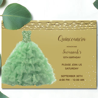 Princess Emerald Gown String Lights Quinceanera Einladung
