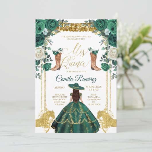 Princess Emerald Green & Gold Girl Sweet 15. Einladung (Stehend Vorderseite)