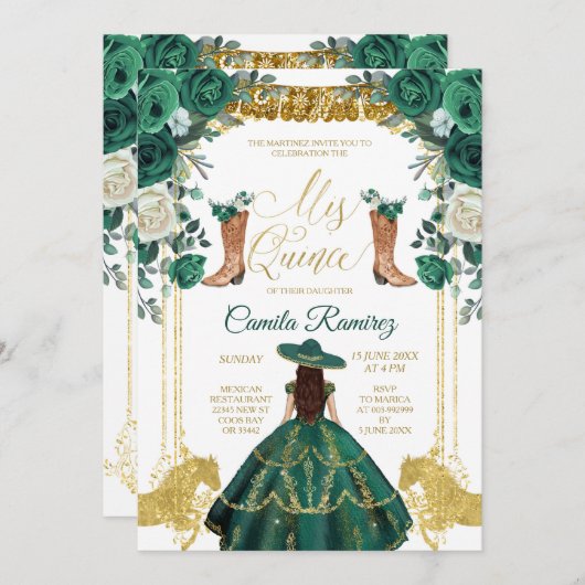 Princess Emerald Green & Gold Girl Sweet 15. Einladung (Vorne/Hinten)
