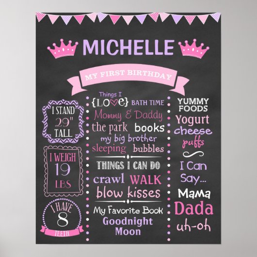Princess First Birthday Chalkboard Poster (Vorne)