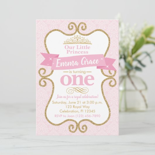 Princess First Birthday Pink and Gold Party Einladung (Stehend Vorderseite)