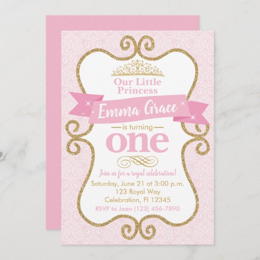 Princess First Birthday Pink and Gold Party Einladung (Vorne/Hinten)