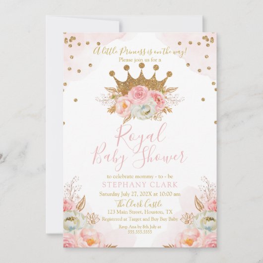Princess Floral Pink & Gold Baby Shower Invitation Einladung (Vorderseite)