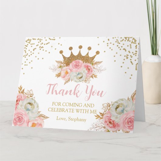 Princess Floral Pink & Gold Thank you card Dankeskarte (Vorderseite)