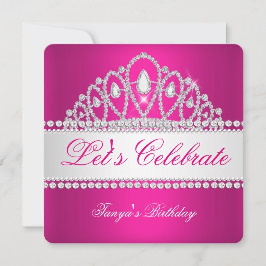 Princess Fuchsia White Diamond Tiara Birthday Einladung (Vorderseite)