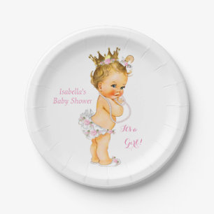 Princess Girl Baby Dusche Pink Gold Crown Blonde Pappteller