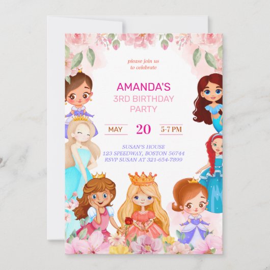 Princess Girl Birthday Party 3. Jahr Einladung (Vorderseite)